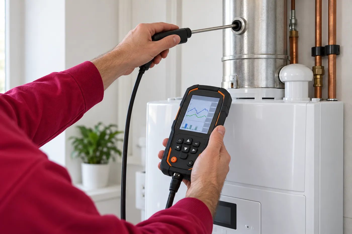 Mesure de combustion à l'analyseur sur le conduit d'une chaudière murale à condensation